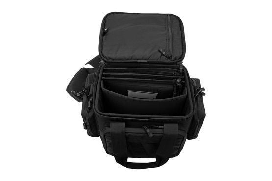 Spacious range bag constructed from durable black polyester.
